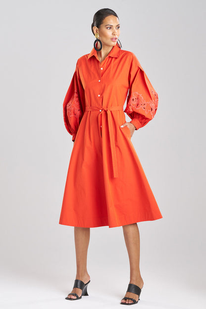 NATORI Buy Tech Cotton Taffeta Embroidered Shirtdress in Tangerine Orange Online