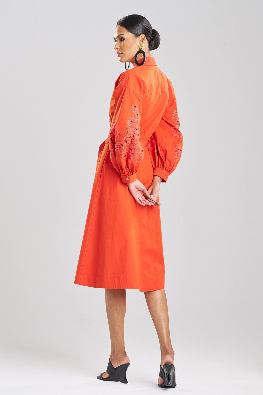 NATORI Buy Tech Cotton Taffeta Embroidered Shirtdress in Tangerine Orange Online