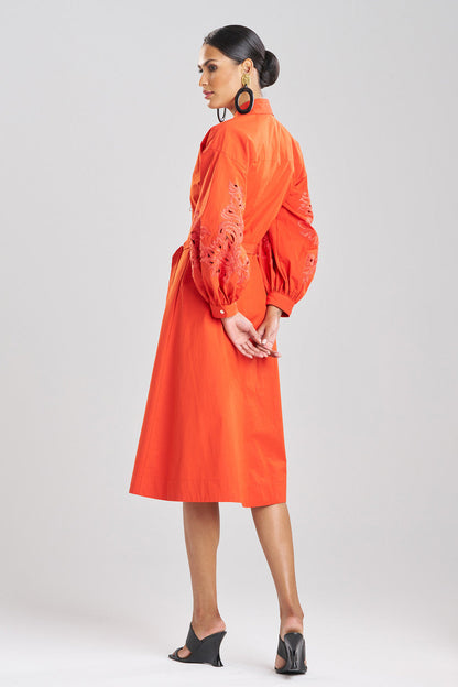NATORI Buy Tech Cotton Taffeta Embroidered Shirtdress in Tangerine Orange Online