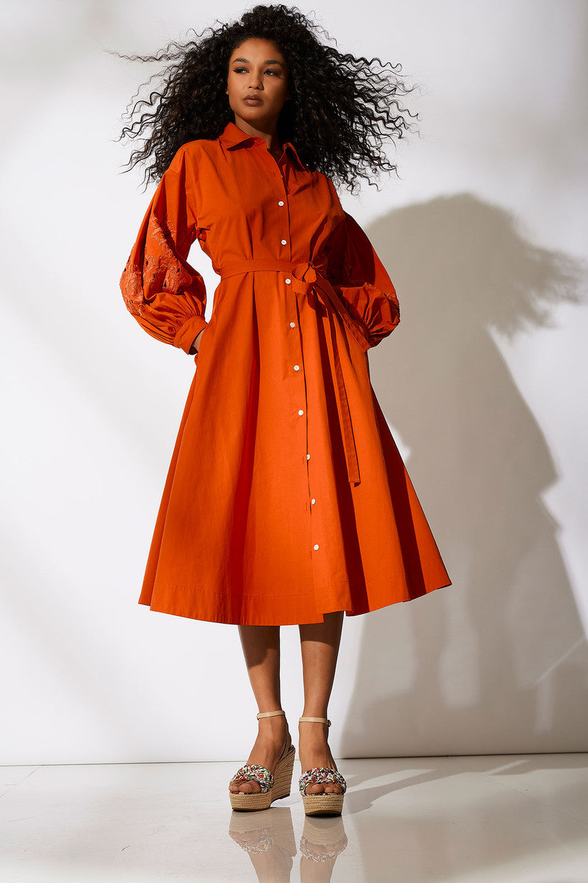 NATORI Buy Tech Cotton Taffeta Embroidered Shirtdress in Tangerine Orange Online