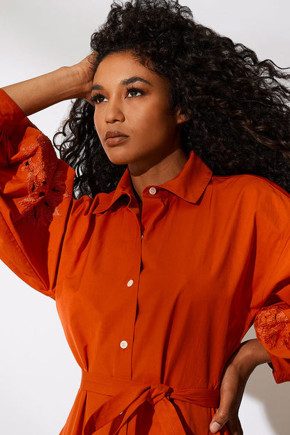 NATORI Buy Tech Cotton Taffeta Embroidered Shirtdress in Tangerine Orange Online