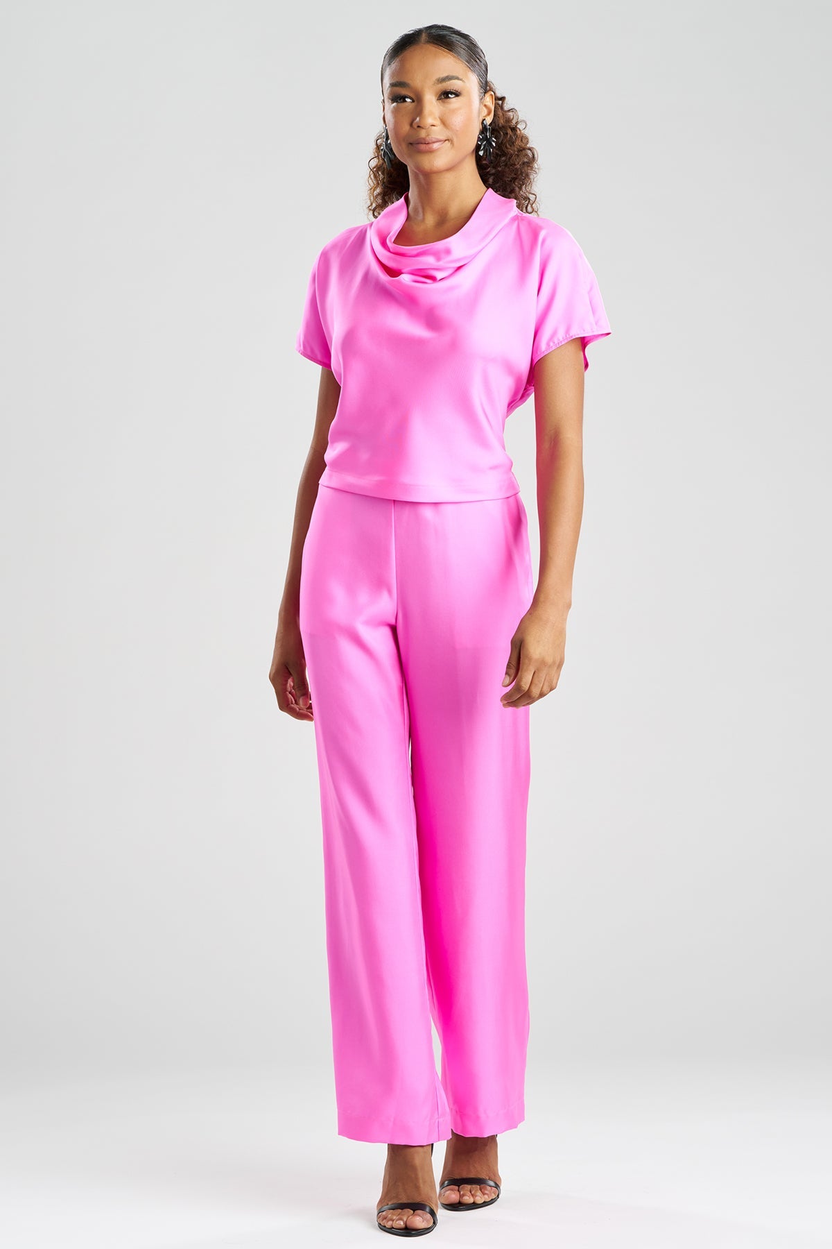 NATORI Solid Silk Twill Cowl Neck Top