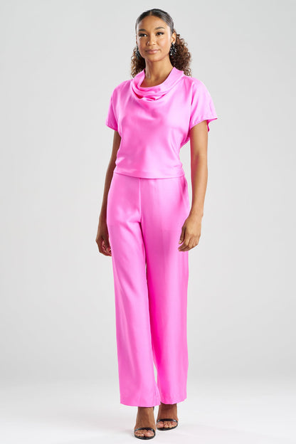 NATORI Solid Silk Twill Cowl Neck Top