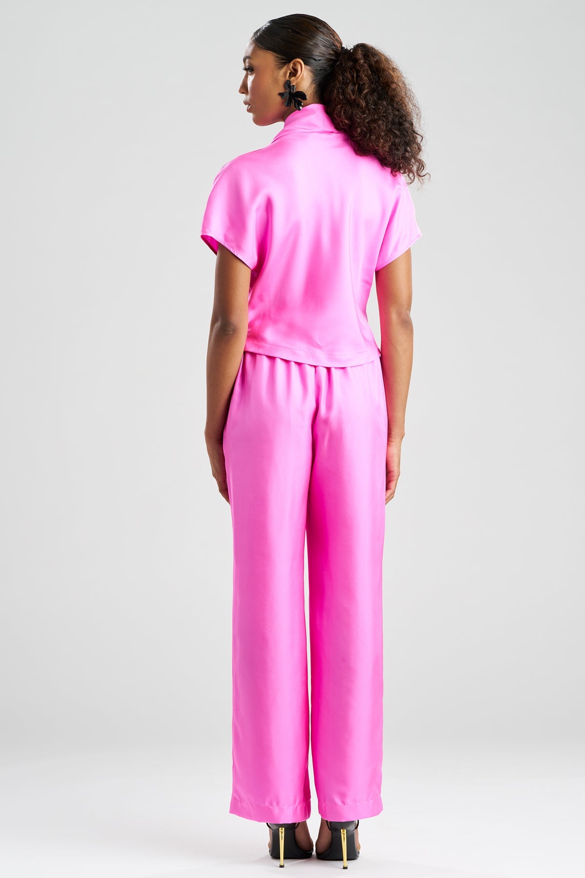 NATORI Solid Silk Twill Cowl Neck Top