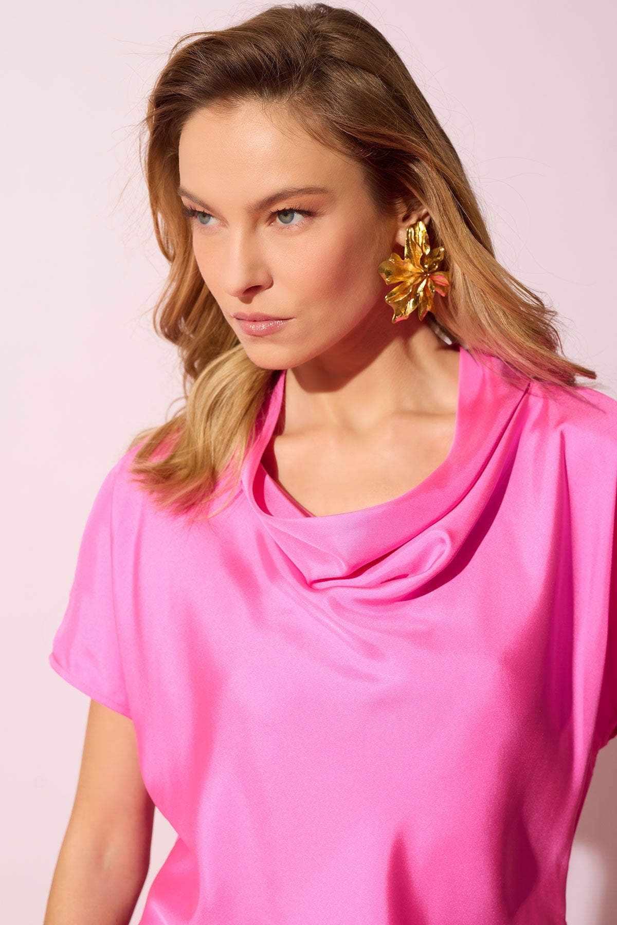 NATORI Solid Silk Twill Cowl Neck Top