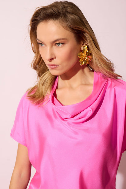 NATORI Solid Silk Twill Cowl Neck Top
