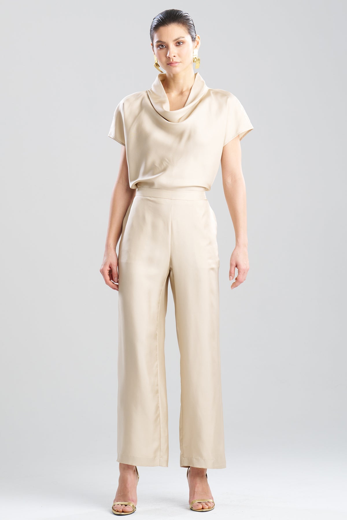 NATORI Solid Silk Twill Pull On Straight Leg Pants