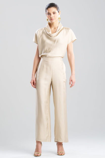 NATORI Solid Silk Twill Pull On Straight Leg Pants