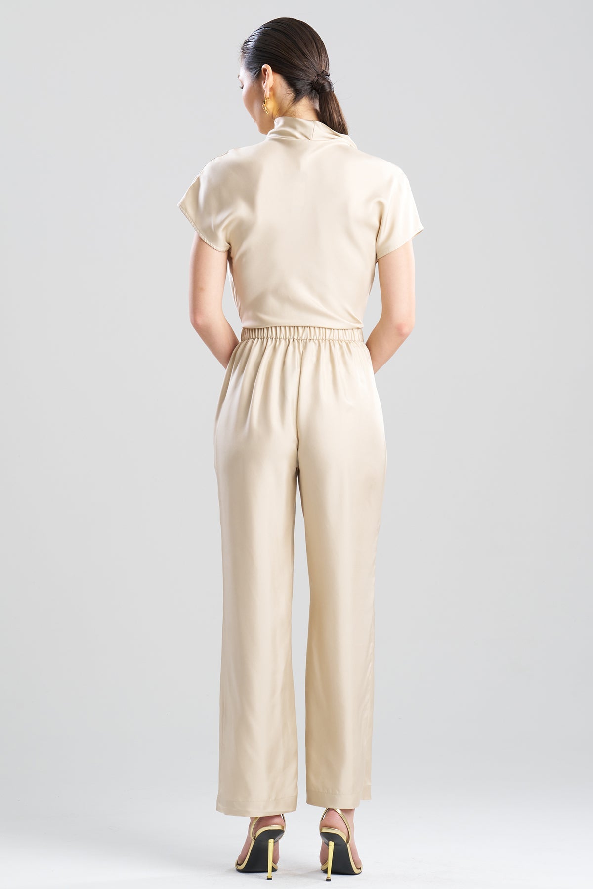 NATORI Solid Silk Twill Pull On Straight Leg Pants