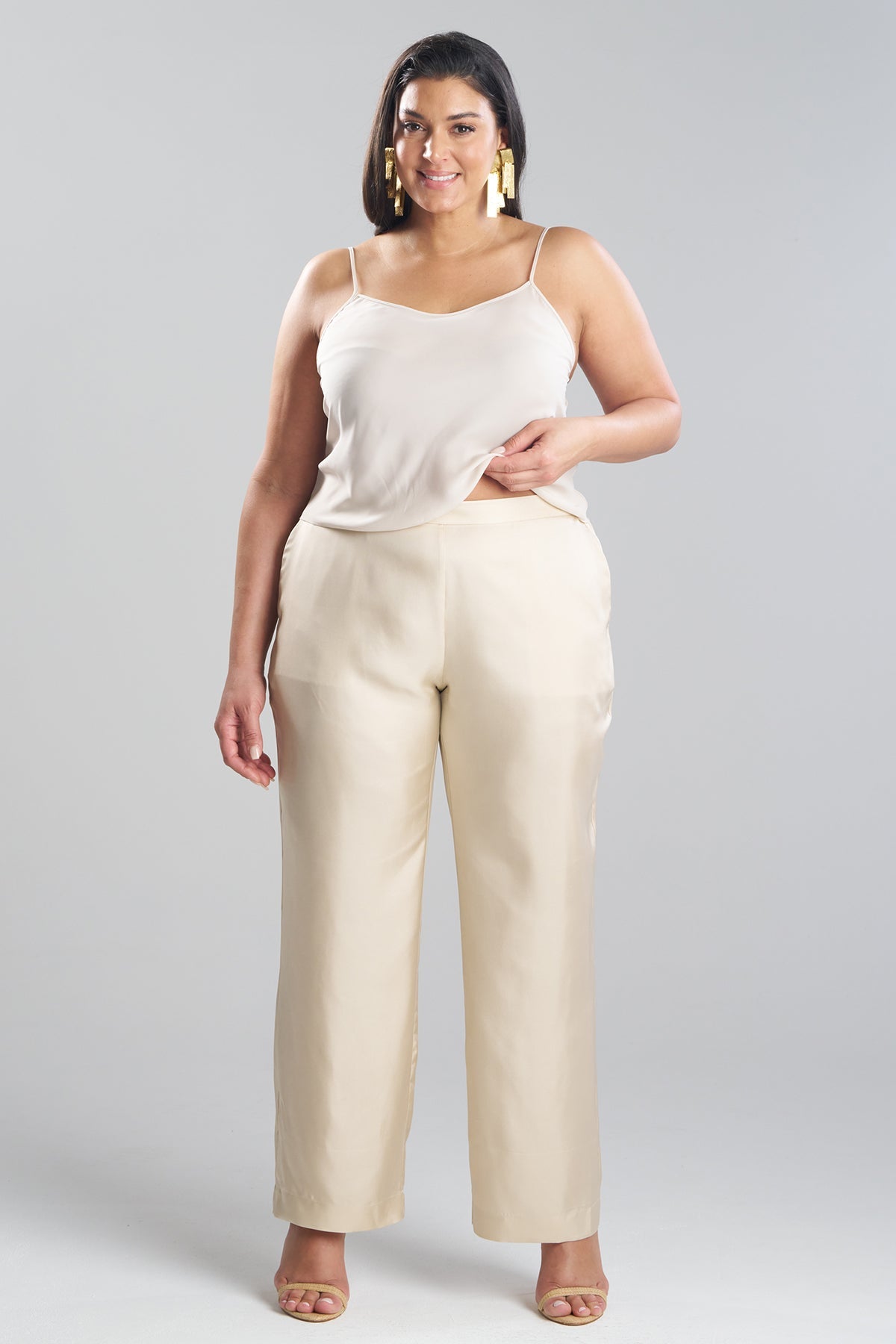NATORI Solid Silk Twill Pull On Straight Leg Pants
