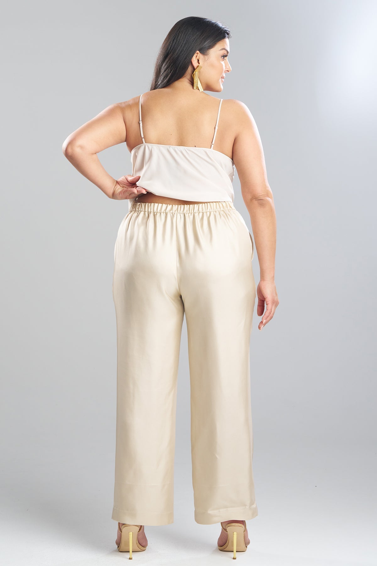 NATORI Solid Silk Twill Pull On Straight Leg Pants