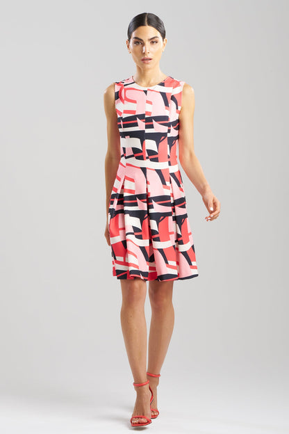 NATORI Abstract Lines Sleeveless Pleated Dress