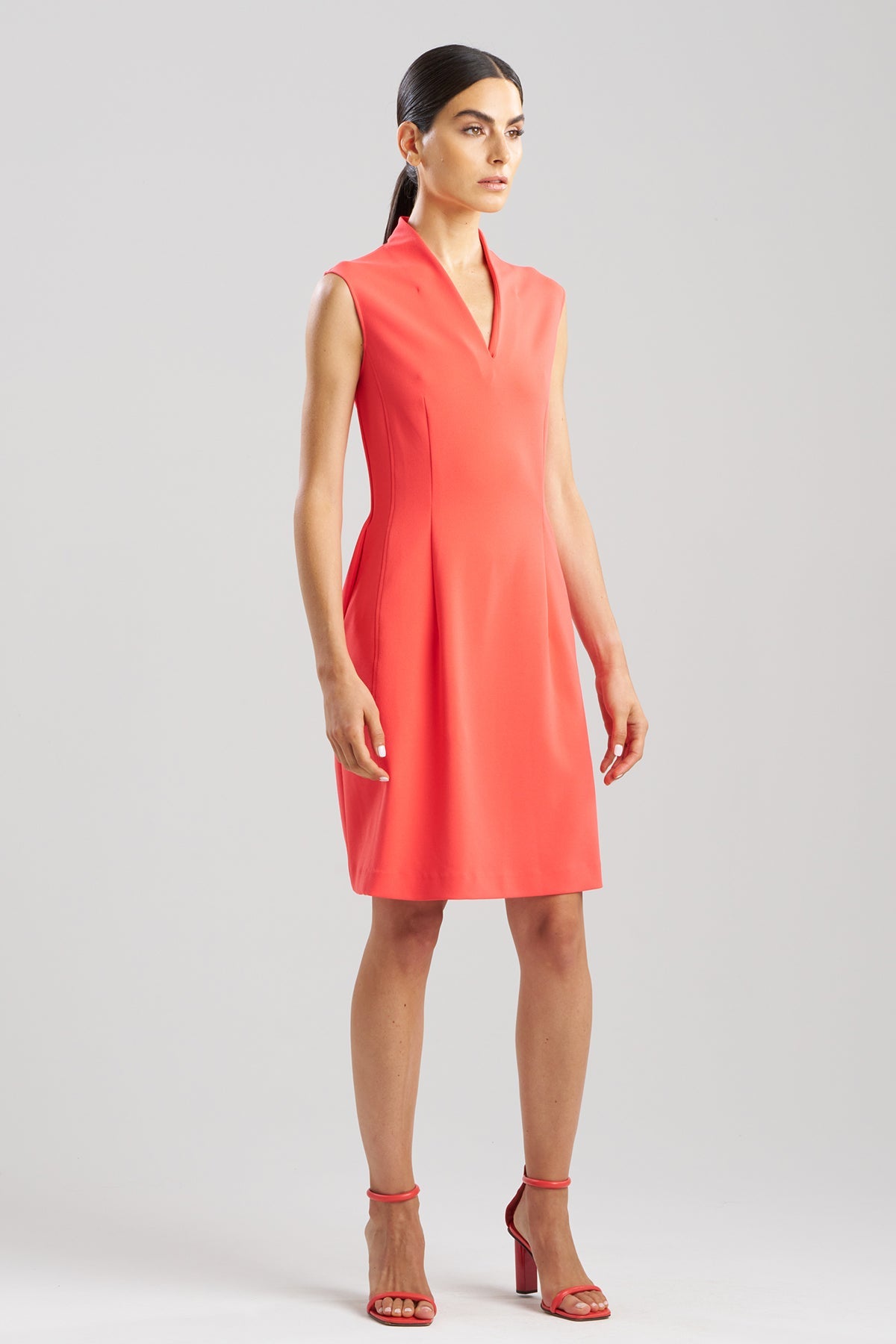 NATORI Solid Knit Crepe Raised Collar Dress