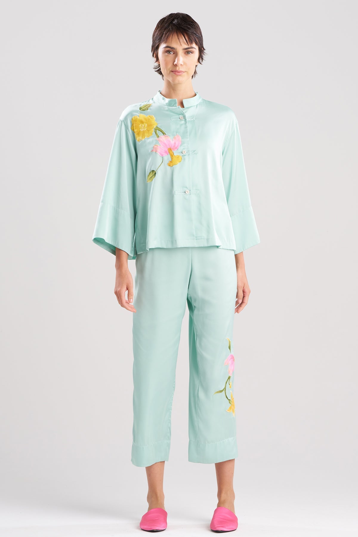 NATORI Satin Essentials Embroidered Mandarin PJ Set