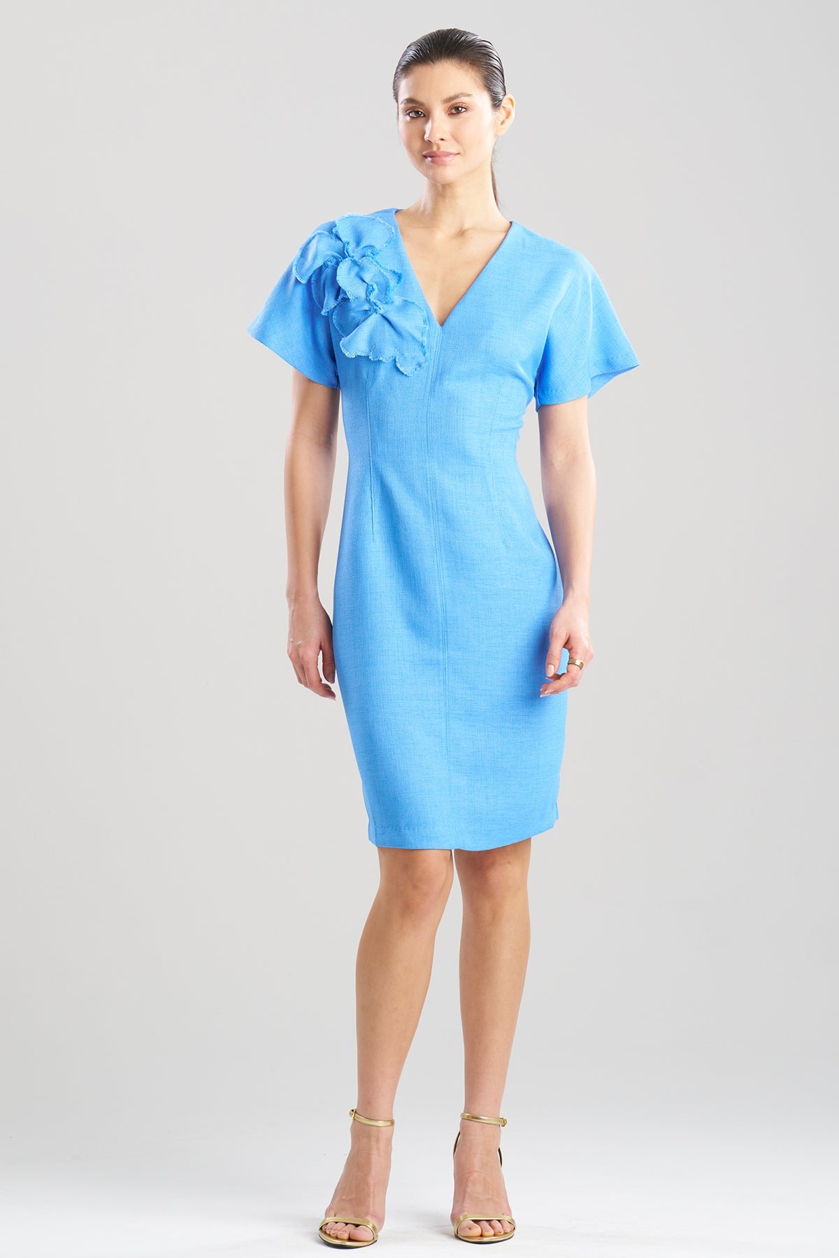 NATORI Basket Weave Embellished Dolman Sleeve Fitted Dress