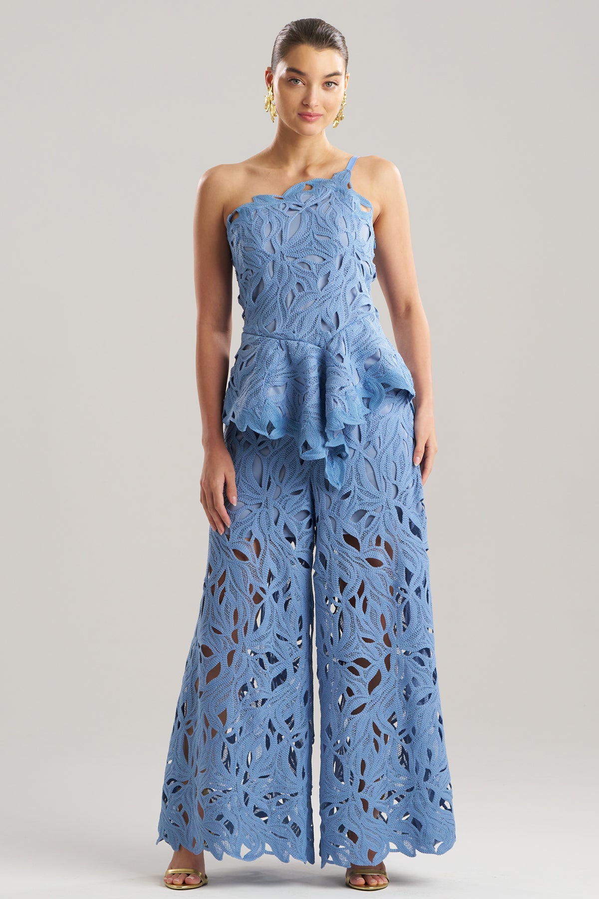 NATORI Cutout Leaf Lace Asymmetric Halter Top