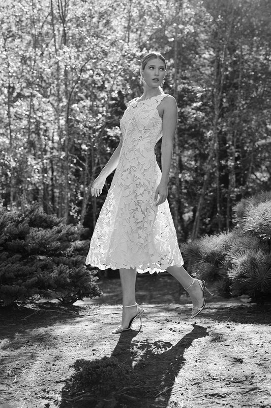 NATORI Peony Floral Lace Asymmetric Seam Dress