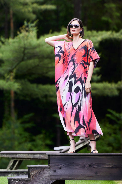 NATORI Butterfly Linen Blend Beaded Caftan