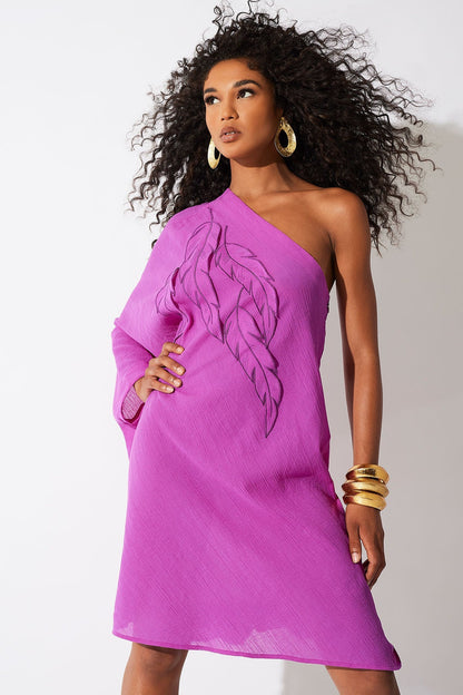 NATORI Cotton Gauze Applique One Shoulder Dress