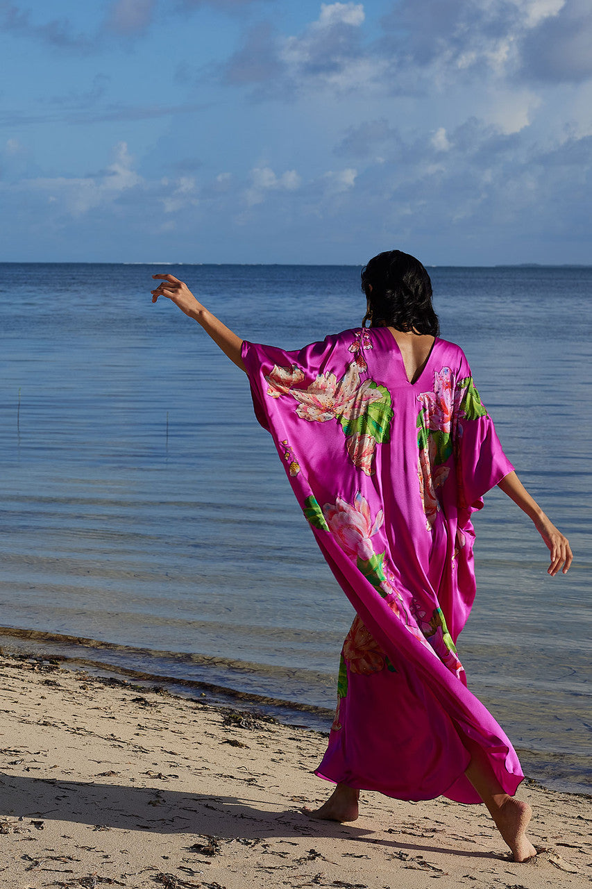 NATORI Buy Couture Hanabi Beaded Silk Caftan in Hot Pink Online