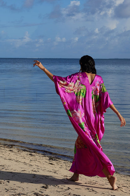 NATORI Buy Couture Hanabi Beaded Silk Caftan in Hot Pink Online
