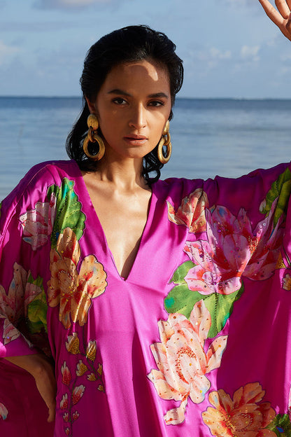 NATORI Buy Couture Hanabi Beaded Silk Caftan in Hot Pink Online