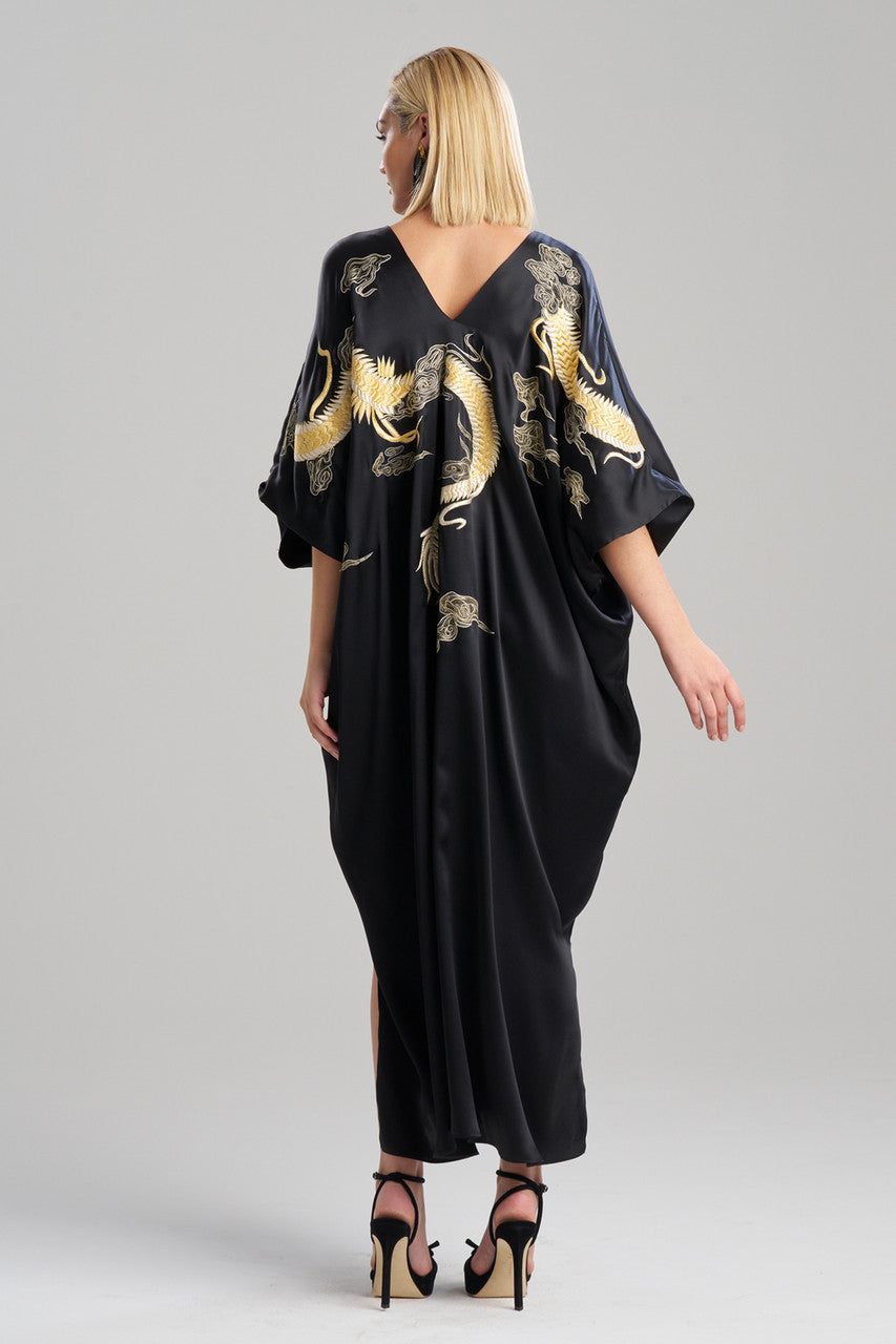 NATORI Buy Couture Lucky Dragon Embroidered Cocoon Silk Caftan in Black Online
