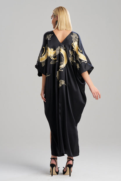 NATORI Buy Couture Lucky Dragon Embroidered Cocoon Silk Caftan in Black Online