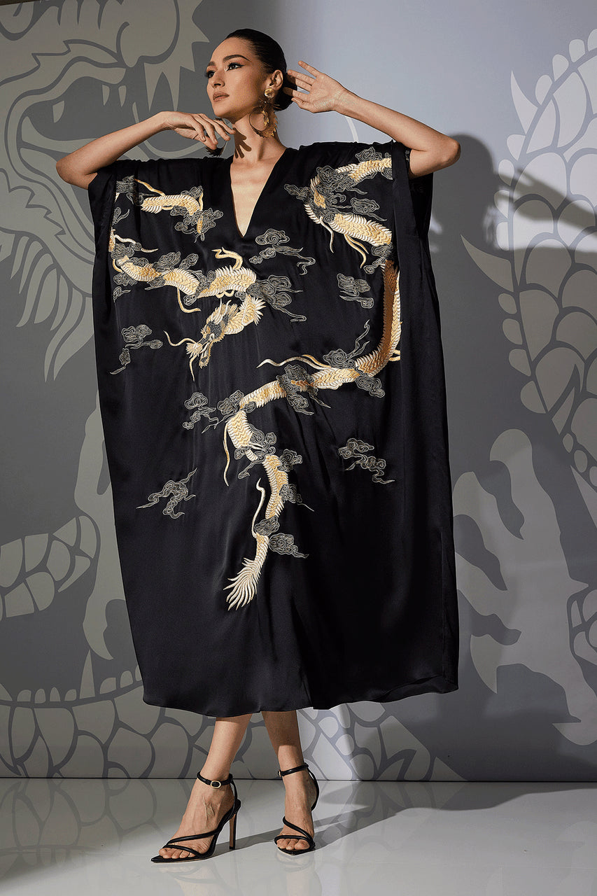 NATORI Buy Couture Lucky Dragon Embroidered Cocoon Silk Caftan in Black Online