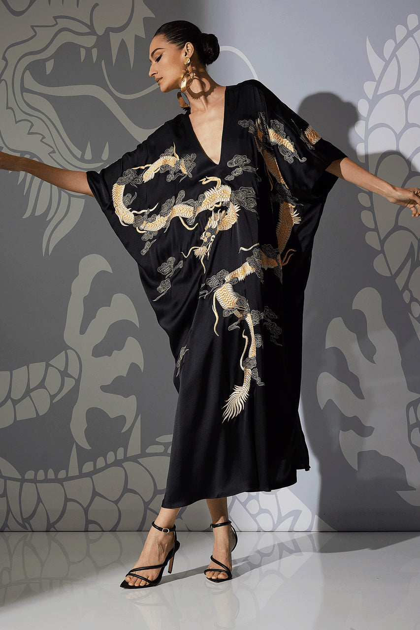 NATORI Buy Couture Lucky Dragon Embroidered Cocoon Silk Caftan in Black Online