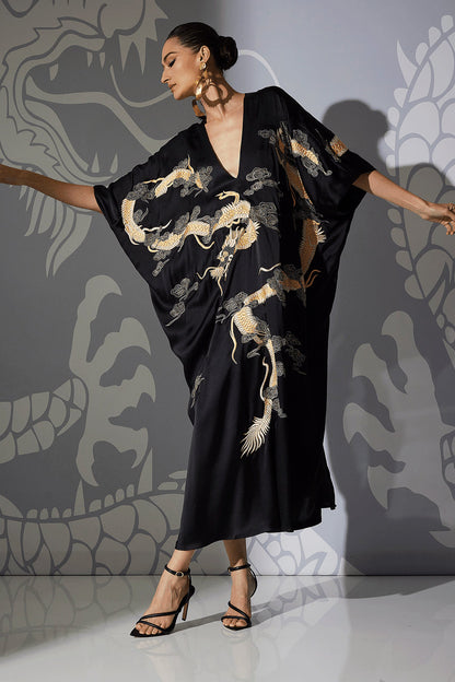 NATORI Buy Couture Lucky Dragon Embroidered Cocoon Silk Caftan in Black Online