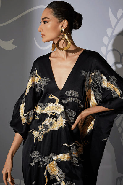NATORI Buy Couture Lucky Dragon Embroidered Cocoon Silk Caftan in Black Online