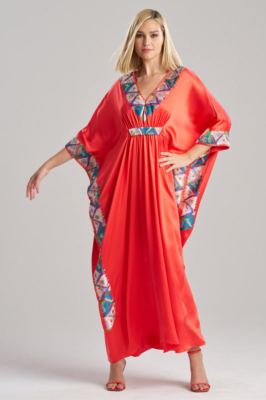 NATORI Buy Couture Toulouse Embroidered Kimono Silk Caftan in Coral Peach Online