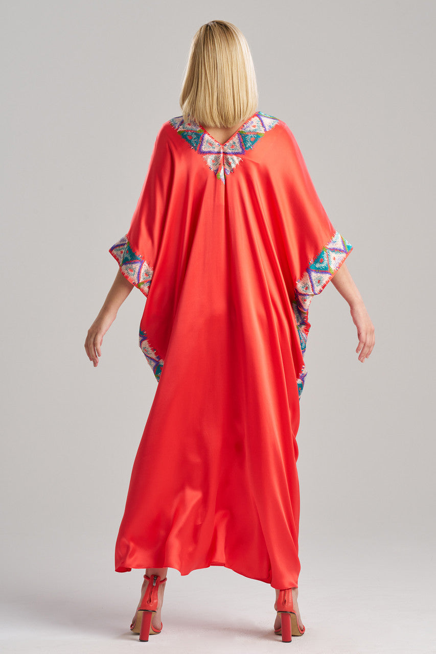 NATORI Buy Couture Toulouse Embroidered Kimono Silk Caftan in Coral Peach Online