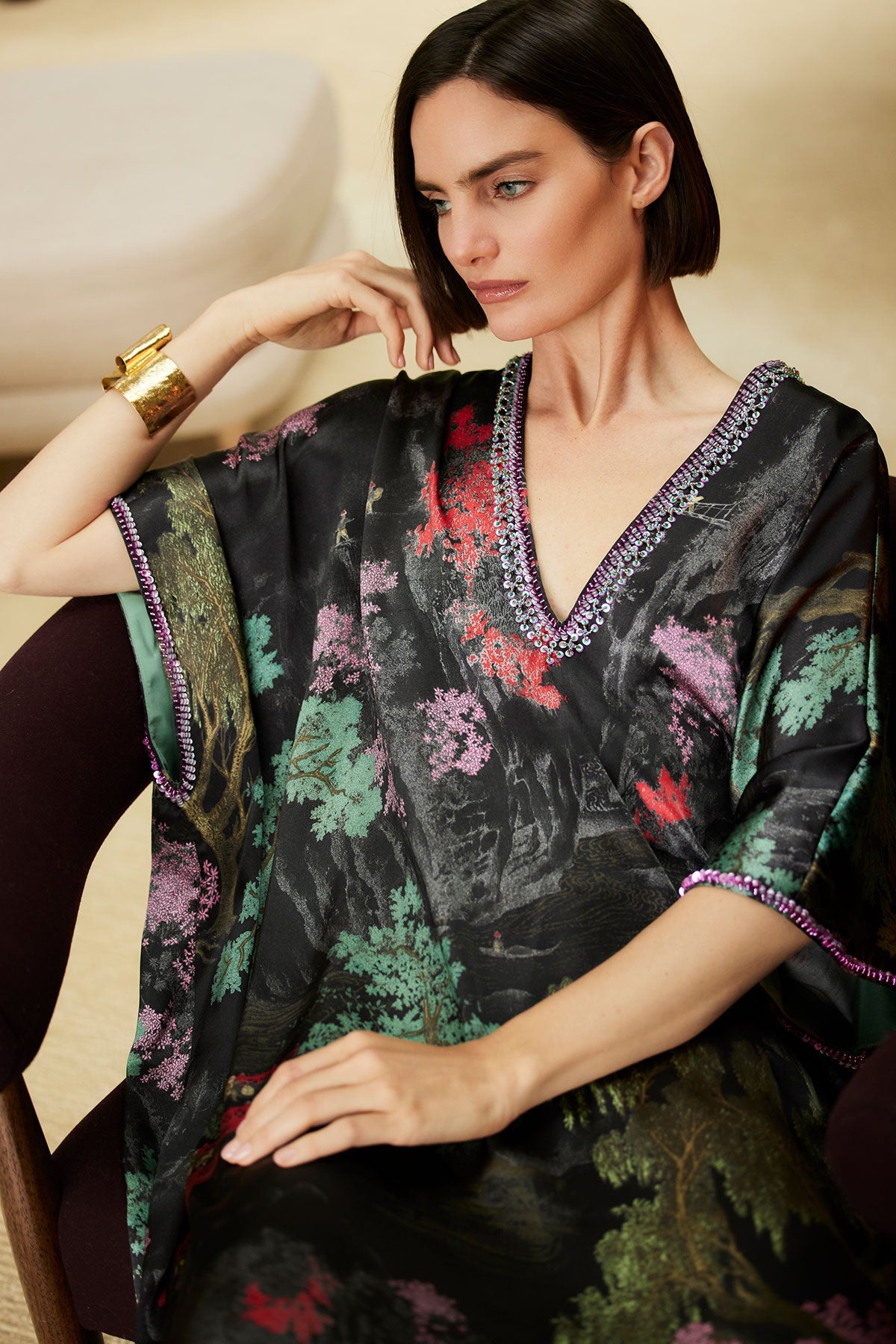 NATORI Nara Embellished Cocoon Silk Caftan
