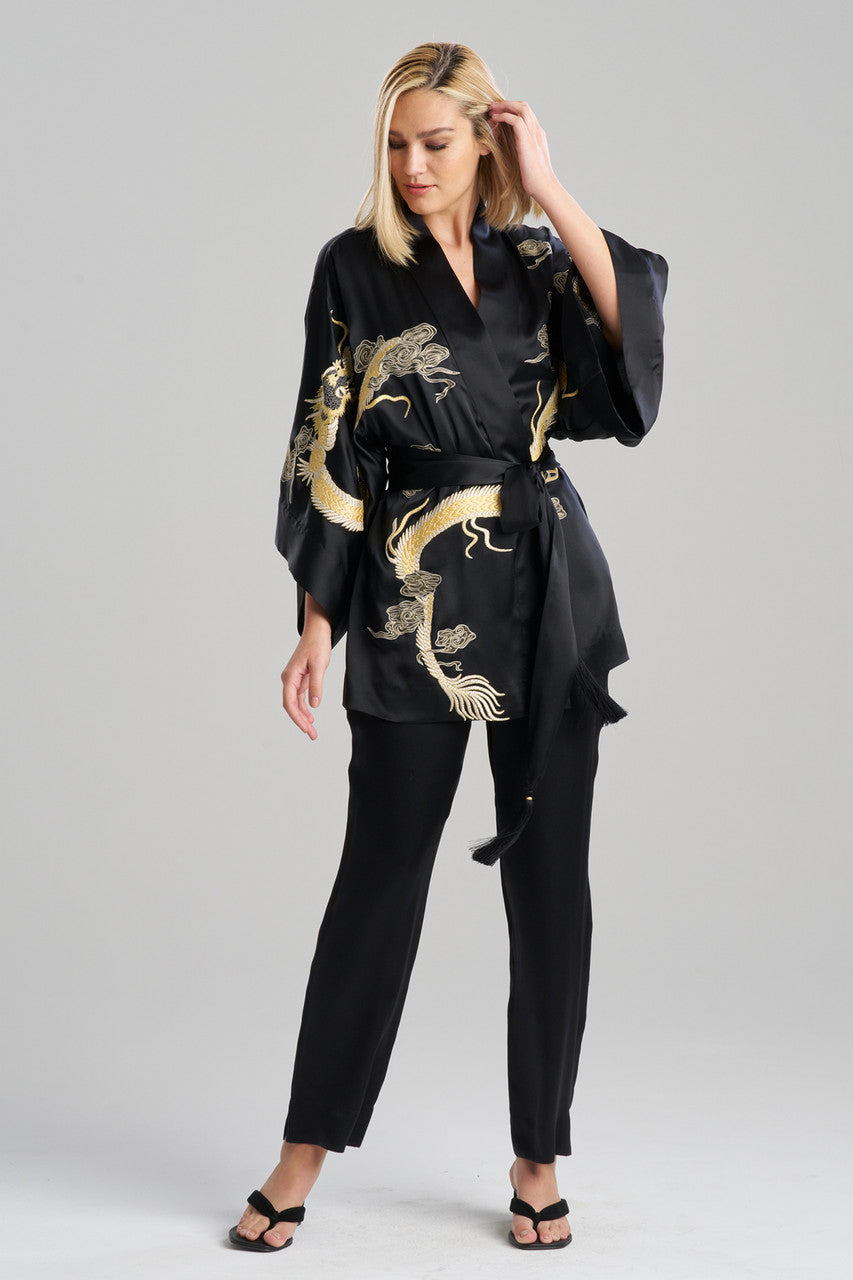 NATORI Buy Couture Lucky Dragon Embroidered Silk Wrap in Black Online