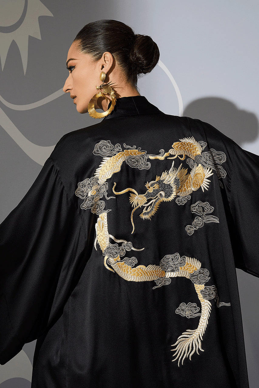 NATORI Buy Couture Lucky Dragon Embroidered Silk Wrap in Black Online
