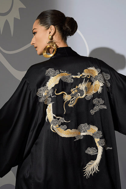 NATORI Buy Couture Lucky Dragon Embroidered Silk Wrap in Black Online