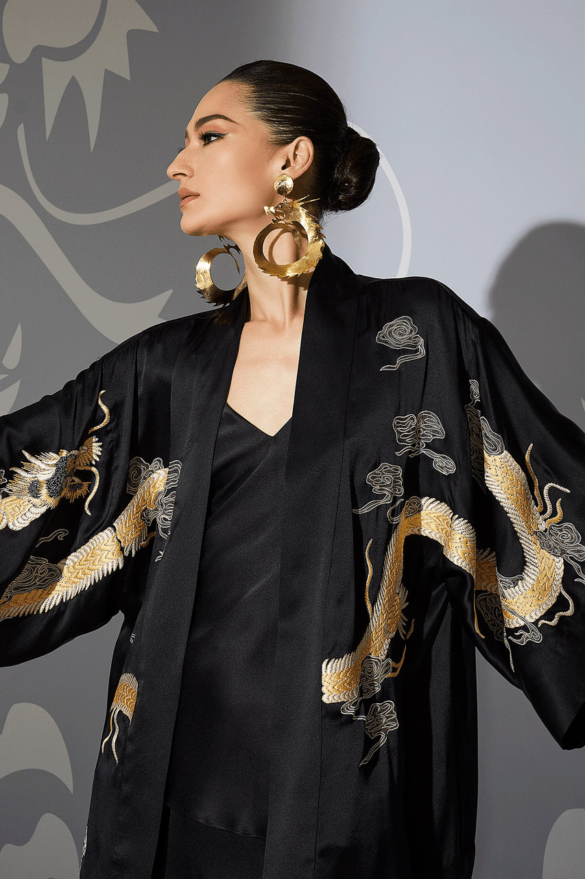 NATORI Buy Couture Lucky Dragon Embroidered Silk Wrap in Black Online