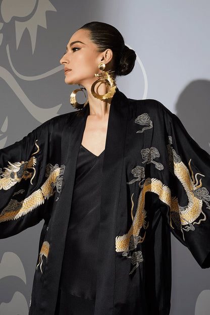 NATORI Buy Couture Lucky Dragon Embroidered Silk Wrap in Black Online