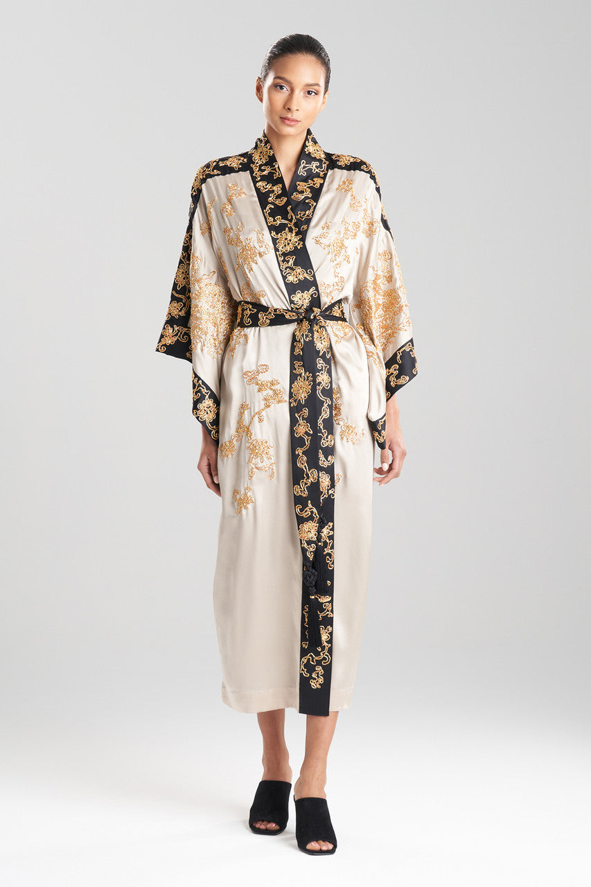 NATORI Buy Couture Dragon Embroidered Drop Sleeve Silk Robe in Parchment Online