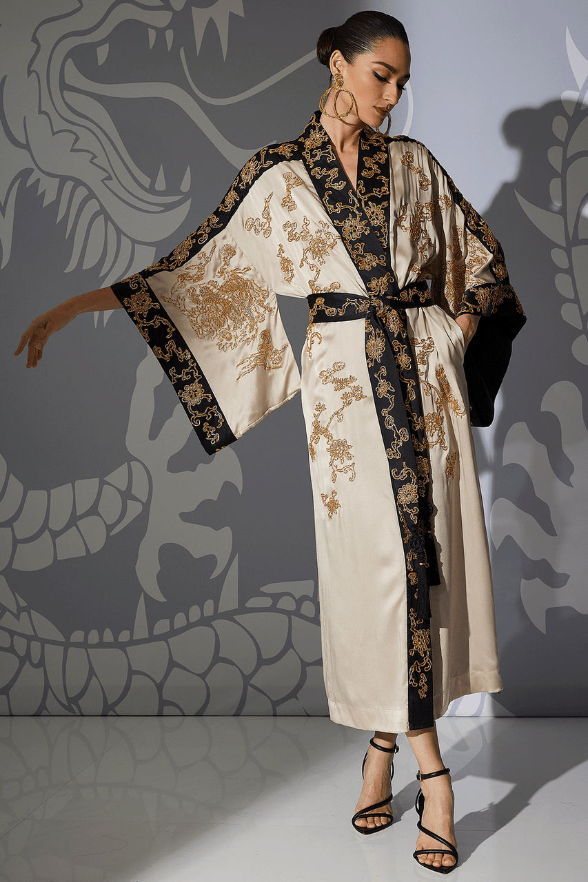 NATORI Buy Couture Dragon Embroidered Drop Sleeve Silk Robe in Parchment Online