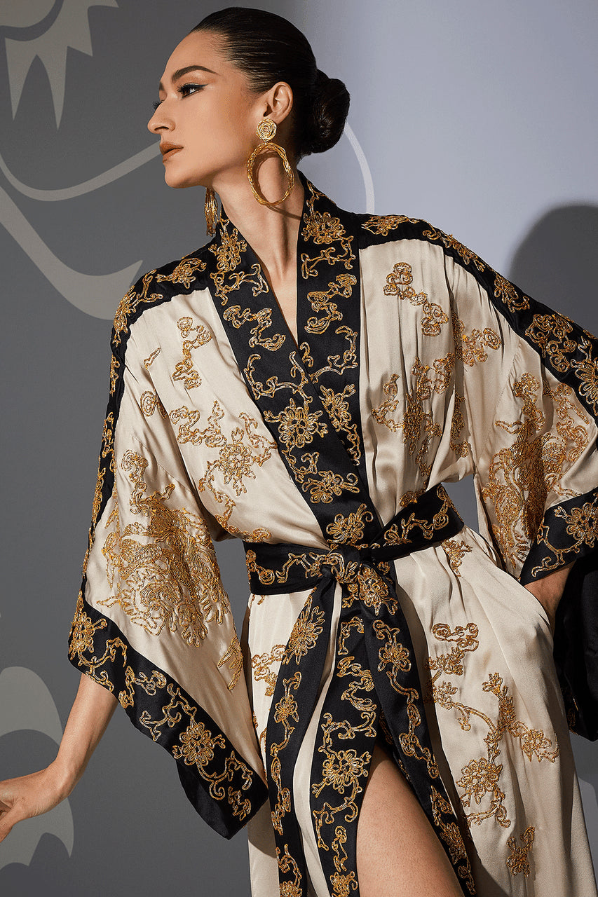 NATORI Buy Couture Dragon Embroidered Drop Sleeve Silk Robe in Parchment Online