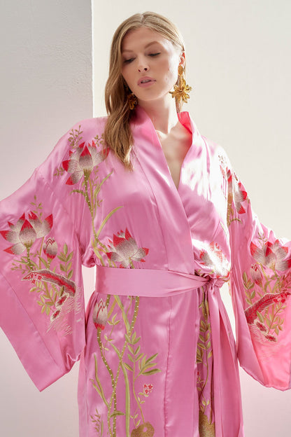 NATORI Couture Lotus Embroidered Silk Robe