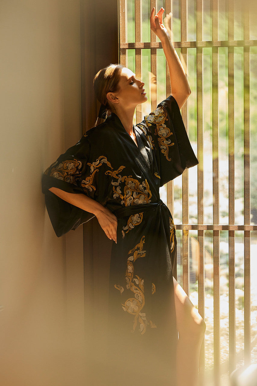 NATORI Buy Couture Ottoman Embroidered Silk Robe in Black Online