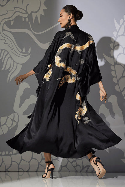 NATORI Buy Couture Lucky Dragon Embroidered Silk Robe in Black Online