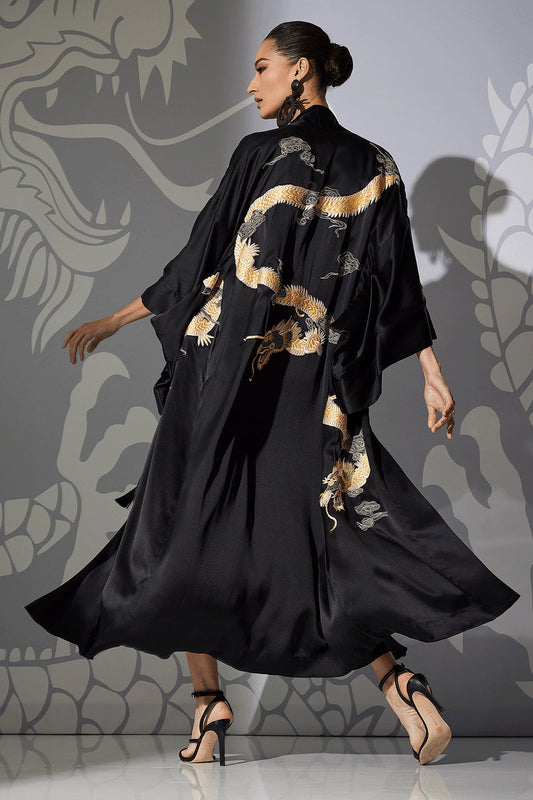 NATORI Buy Couture Lucky Dragon Embroidered Silk Robe in Black Online