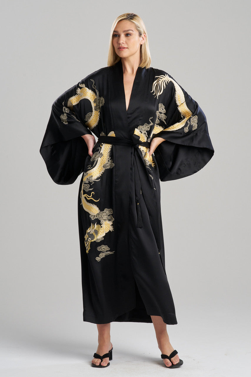 NATORI Buy Couture Lucky Dragon Embroidered Silk Robe in Black Online