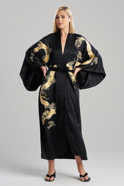 NATORI Buy Couture Lucky Dragon Embroidered Silk Robe in Black Online