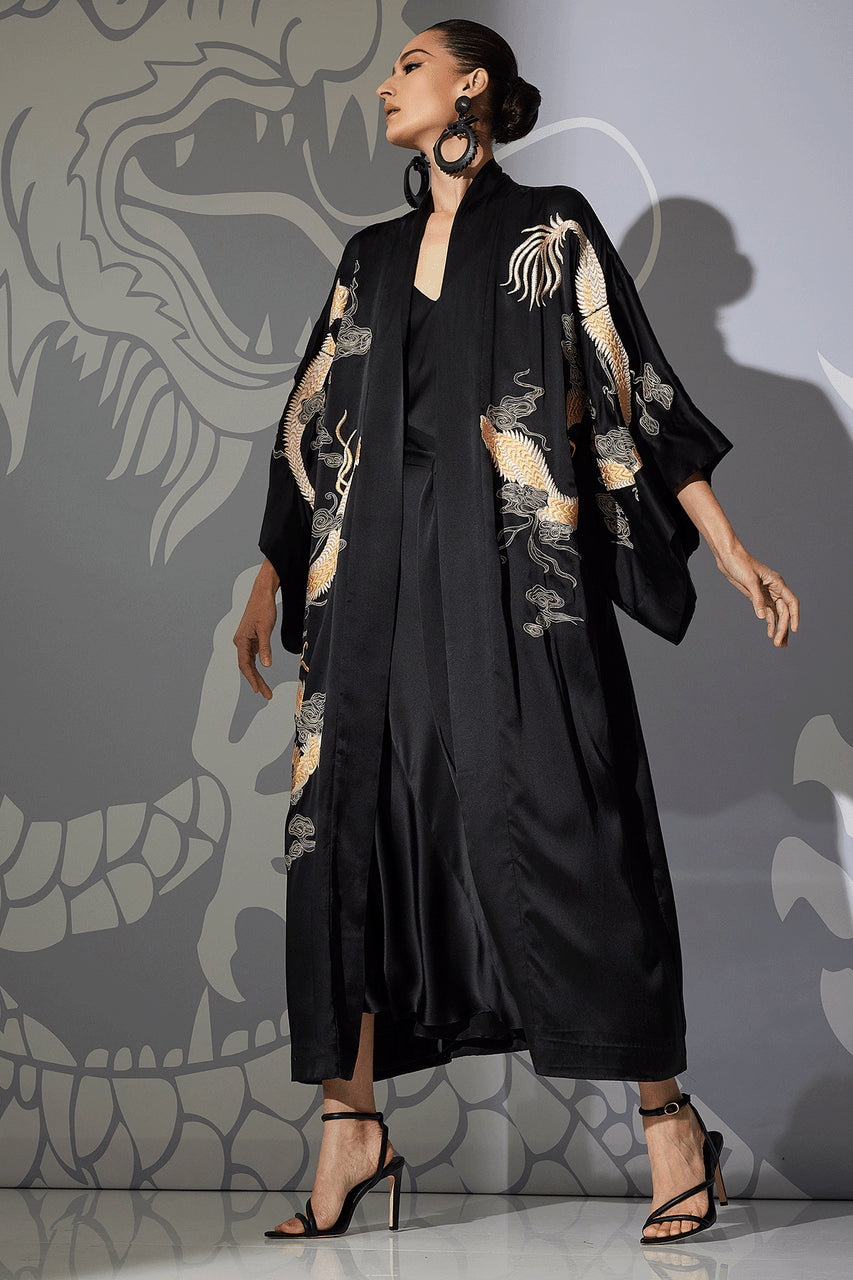NATORI Buy Couture Lucky Dragon Embroidered Silk Robe in Black Online